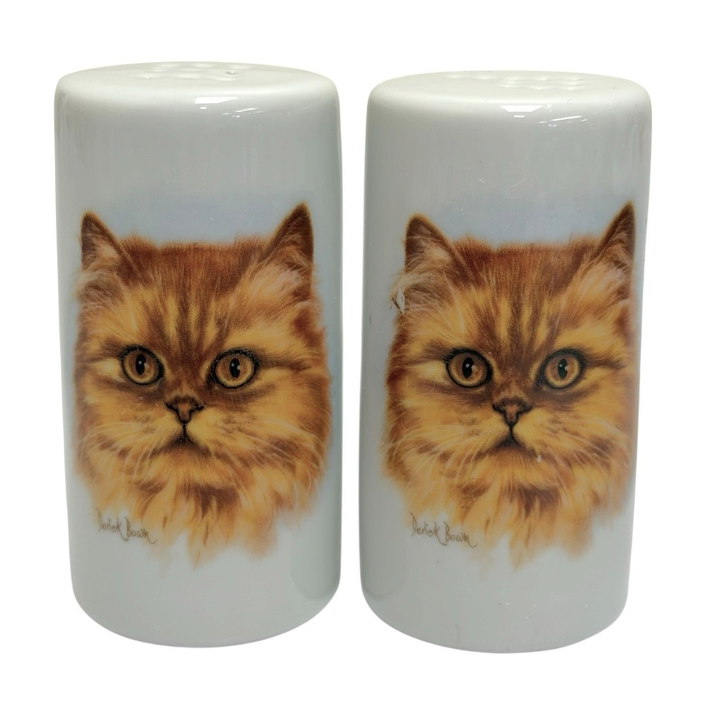 VTG Derick Brown Ceramic Ginger Persian Cat Kitty Salt & Pepper Shakers Stoppers